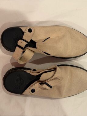 Dr. Martens Beige Suede Slip-On Clogs with Adjustable Strap